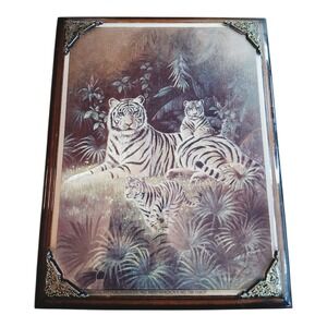 Vintage 1980s Carol Hoss White Tiger Metallic Foil Lithograph 9"x 7" Framed Art